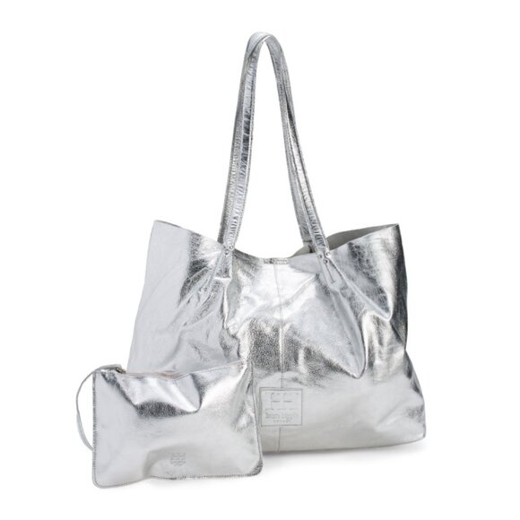 HAUTE HIPPIE STYLE Silver Leather Metallic Tote With Pouch